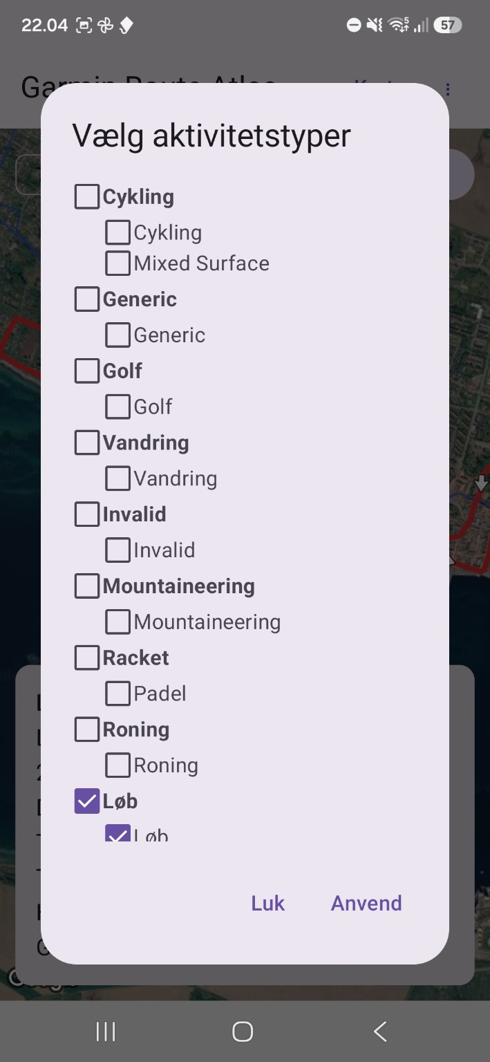 Dialog til valg af aktivitetstyper i Garmin Route Atlas.