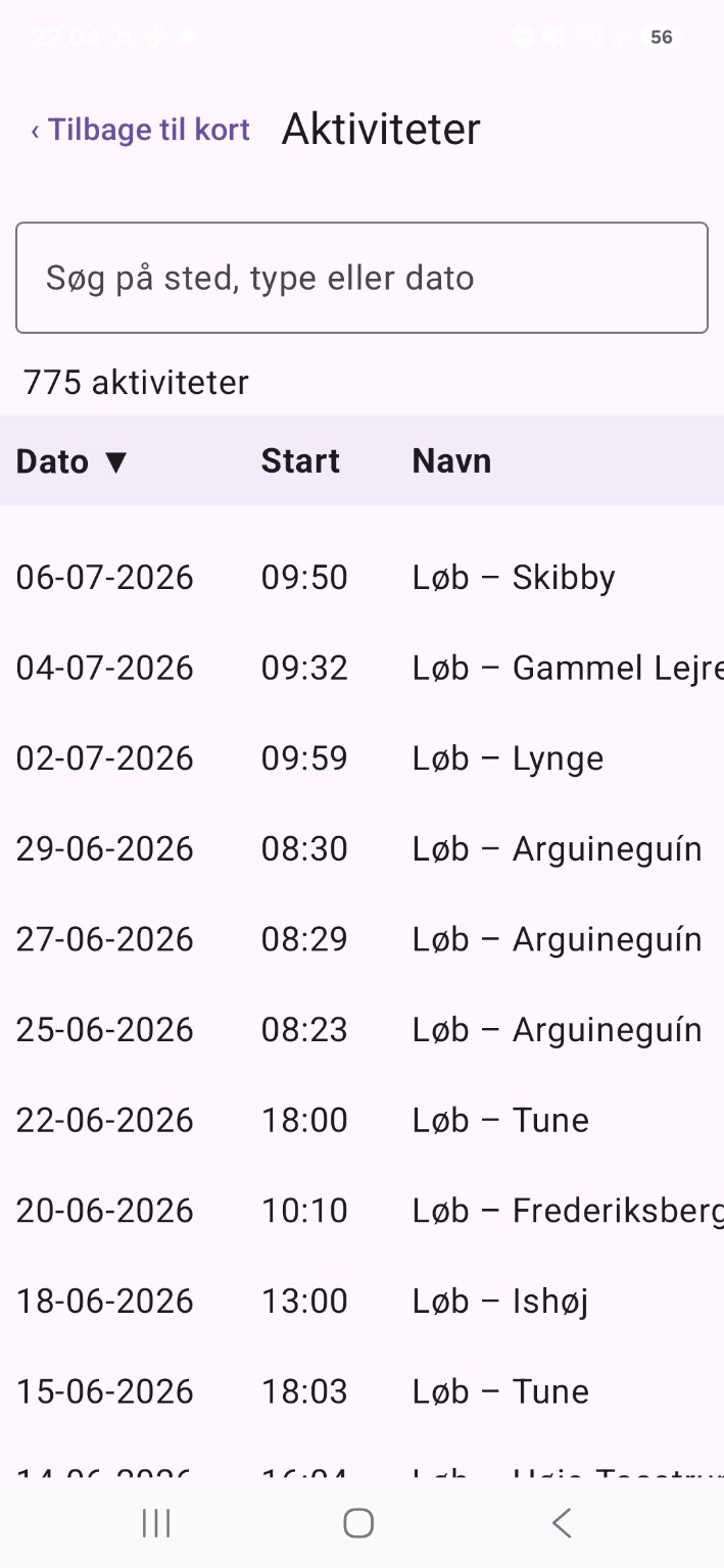 Aktivitetslisten i Garmin Route Atlas med søgning og tabel.