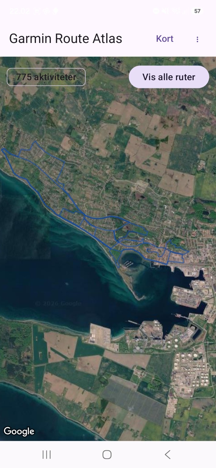 Garmin Route Atlas i satellitvisning med rute fremhævet.
